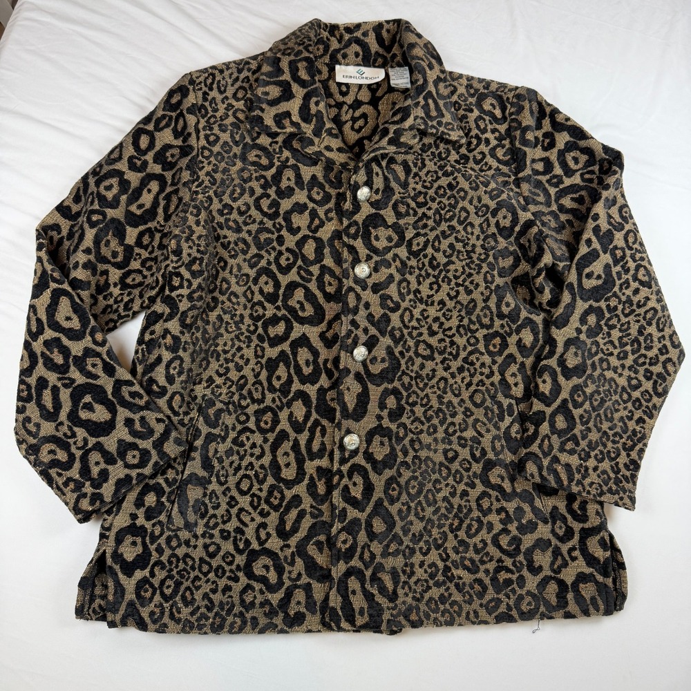 Erin London Womens Leopard Print Tapestry Jacket Brown Black Button Up Medium